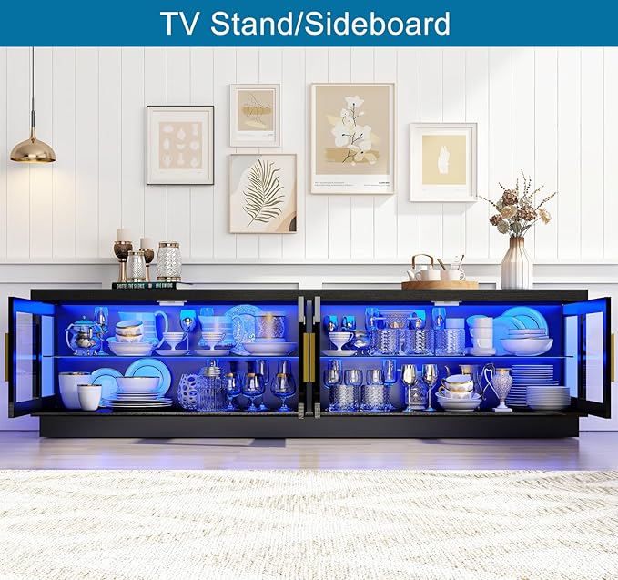 71IN LED TV Stand for 85/80/75inch TV,High Glossy Modern Black TV Stands for Living Room,Gaming Entertainment Center with Storage Cabinet,RGB LED(Black)-NeatNest