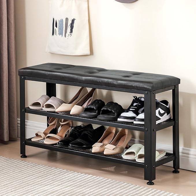 Apicizon 35.5" Shoe Rack Bench, 3-Tier Entryway Bench, with Leather Seat and Metal Frame, Loads 300 lb, Suitable for Living Room, Hallway, Mudroom, Doorway, Black-NeatNest