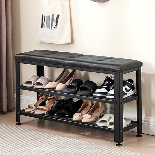 Apicizon 35.5" Shoe Rack Bench, 3-Tier Entryway Bench, with Leather Seat and Metal Frame, Loads 300 lb, Suitable for Living Room, Hallway, Mudroom, Doorway, Black-NeatNest
