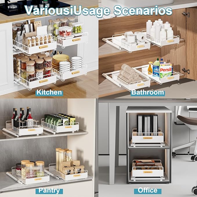 Under Sink Organizer, Kitchen Pull Out Cabinet Organizer, Mute Slide Out Metal Under Sink Organizers and Storage Shelves for Kitchen Bathroom Laundry Cabinet Pantry, White-NeatNest