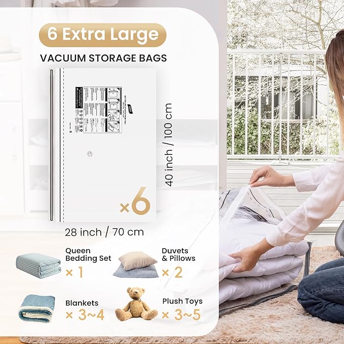 TAILI 6 Pack Jumbo Vacuum Storage Bags, LONG SIDE ZIP (40x28 inch), Space Saver for Bedding, Blankets, Pillows, Clothes, Vacuum Seal Bags for Clothing Ideal Under Bed Storage Solution-NeatNest
