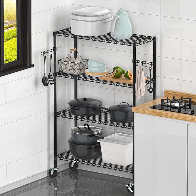 4-Tier Storage Shelving Unit with Wheels, Metal Rolling Storage Shelves Adjustable Layer Steel Rack Shelf, Wire Shelving Storage for Kitchen Garage Pantry Office, Black (14D x 36W x 57H)