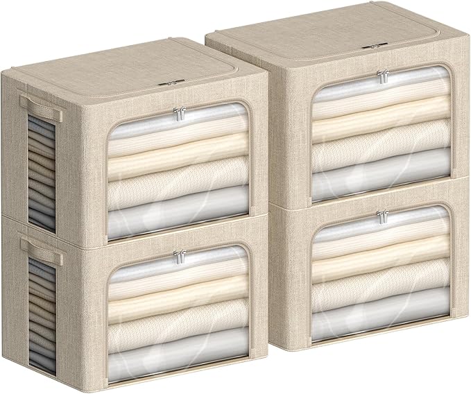4 Pack Clothes Storage Bins with Metal Frame - Linen Fabric Foldable Stackable Container Organizer Set with Clear Window & Carry Handles & Zippers (Beige, 19.7"x15.7"x13")-NeatNest