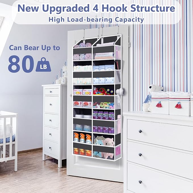 Heavy Duty Over The Door Organizer 5 Tiers, Extra Large Behind Door Storage of 10 Big Front & 10 Mesh Pockets, 80lb Weight Capacity, Hanging Doors Storage Organizer for Closet Bedroom Nursery, Grey