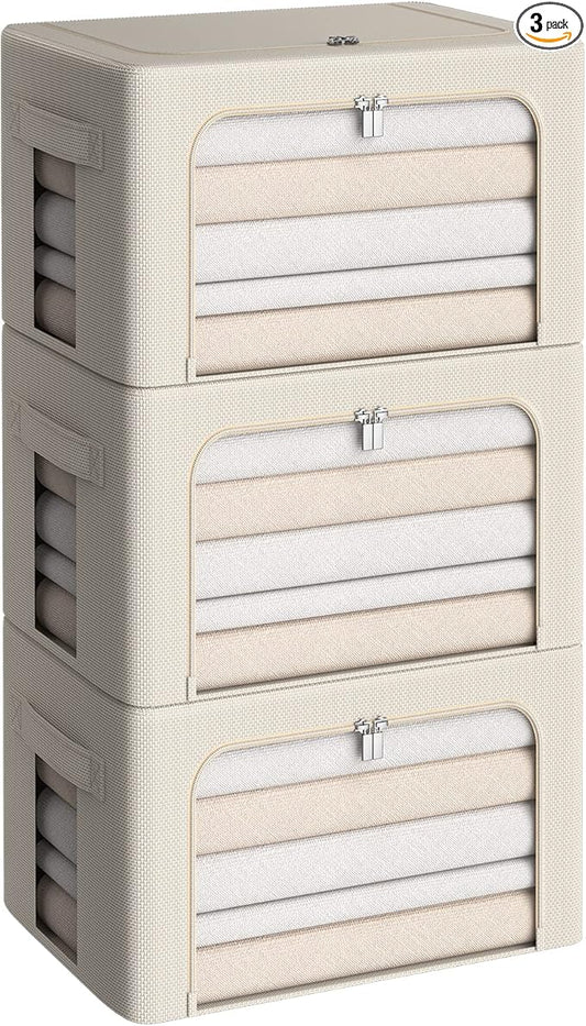 3Pack Frame Storage Box - Clothes Storage Bin Bags Oxford Fabric Foldable Stackable Container Organizer Set with Clear Window & Carry Handles (Beige, X-Small-36L)-NeatNest