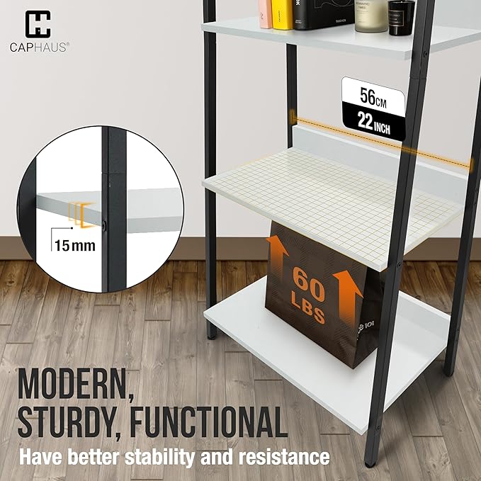 CAPHAUS 5 Tier Ladder Bookshelf, 24 Inch Width Free Standing Shelf, Bookcase Shelf Storage Rack Organizer, Industrial Book Shelves for Home Office, Living Room, Kitchen, White, Vintage Shelves-NeatNest