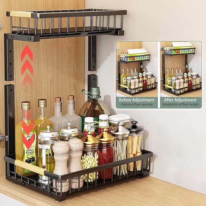 2 Tiers Under Sink Organizers, 2 Pack Metal Kitchen Storage Shelf, Pull Out Sink Storage Rack, Multi-purpose Under Sink Shelf Organizer for Under Sink Cabinet Bathroom Kitchen (Black)-NeatNest