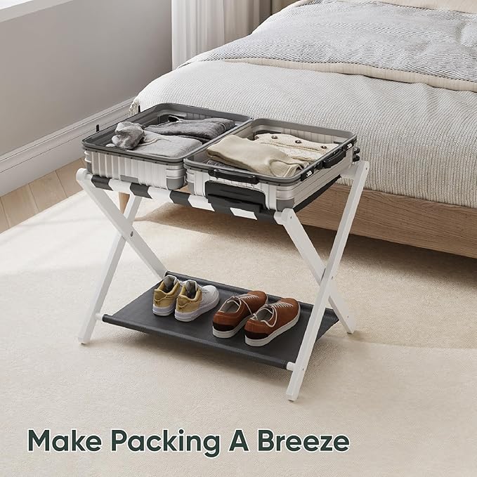 2 Pack Luggage Rack, Folding Luggage Rack for Guest Room, White Bamboo Suitcase Stand Holds up to 131 lb, Luggage Stand with Storage Shelf for Hotel, Bedroom