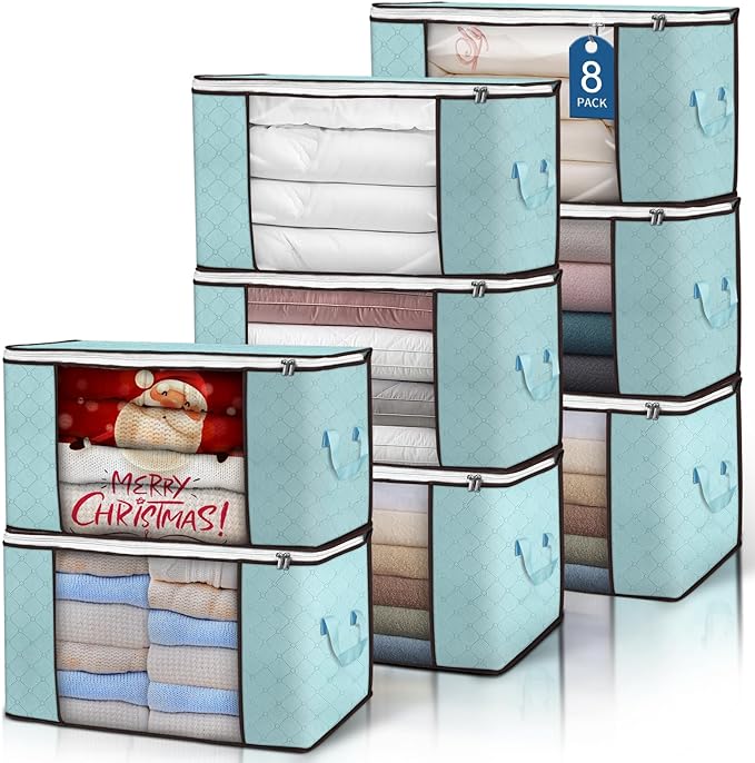 Budding Joy 90L Large Storage Bags, 8 Pack Clothes Storage Bins Foldable Closet Organizer Storage Containers with Durable Handles Storage and Organization, Blanket, Pillows and Toys (Blue)-NeatNest