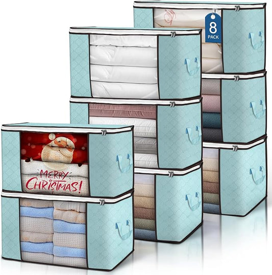 Budding Joy 90L Large Storage Bags, 8 Pack Clothes Storage Bins Foldable Closet Organizer Storage Containers with Durable Handles Storage and Organization, Blanket, Pillows and Toys (Blue)-NeatNest
