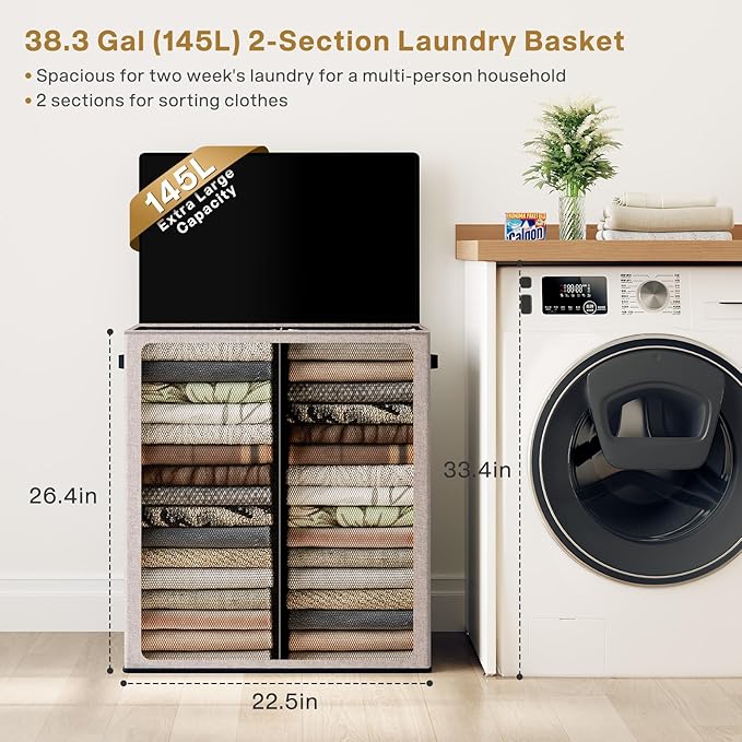 SOLEDI Large Double Laundry Hamper with Lid, Collapsible Clothes Hamper 2 section with Removable Bags, Space-Saving Laundry Basket for Bedroom, Dorm, College-NeatNest