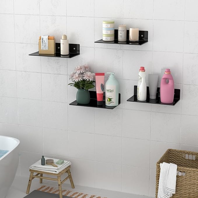 12 Inches Black Wall Shelves Set of 4, Acrylic Floating Shelf for Wall, Wall Mounted Display Shelf for Bedroom, Living Room, Funko Pop Shelves, Smart Speaker, 4 Pack-NeatNest