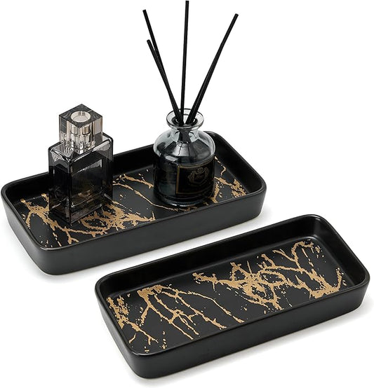 Bathroom Vanity Tray for Countertop,2PC Rectangle Marble Tray Set,Decorative Bathroom Organizer for Scrubber, Lotion Bottles, Perfume, Jewelry, Candle, Key Trinket Ring（Small,Black）-NeatNest