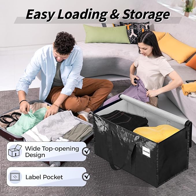16 Pack Extra Large Heavy Duty Moving Bags, Black Storage Bins with Lids, Reinforced Handles & Heavy-Duty Zippers Moving Boxes Storage Bags Totes for Clothes Packing, Dorms, College Supplies, Black