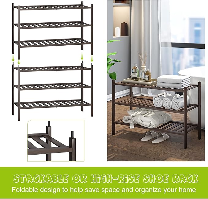 BMOSU 3-Tier Bamboo Shoe Rack Premium Stackable Shoe Shelf Storage Organizer for Hallway Closet Living Room Entryway Organizer (Brown Bamboo)-NeatNest