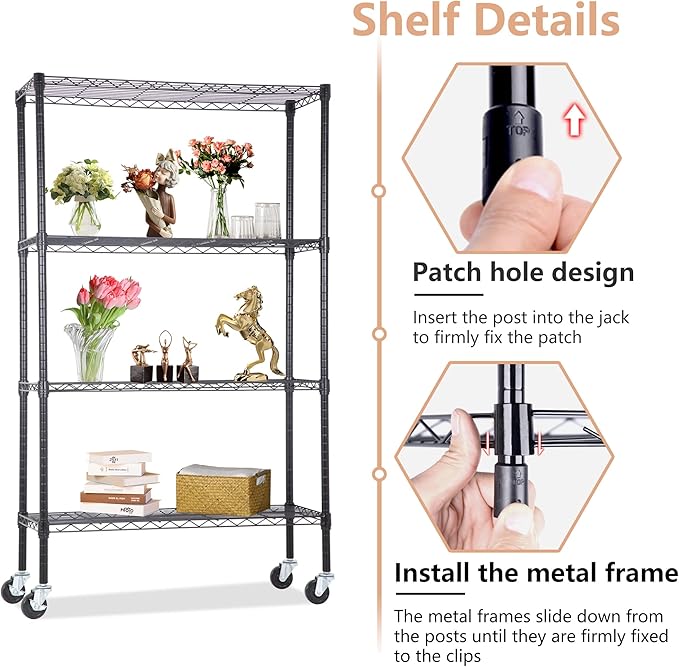 4-Tier Adjustable NSF-Certified Metal Shelf 36L x 14W x 62H Wire Shelving Unit Storage with Wheel for Small Places Restaurant Garage Pantry Kitchen Garage Rack,Black-NeatNest