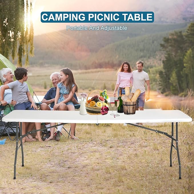 8FT Folding Table Plastic Camping Table Portable Picnic Table for Easy Storage, Ideal for Outdoors Camping, Picnics, Parties Wedding & Indoor Events with Carrying Handle,White-NeatNest