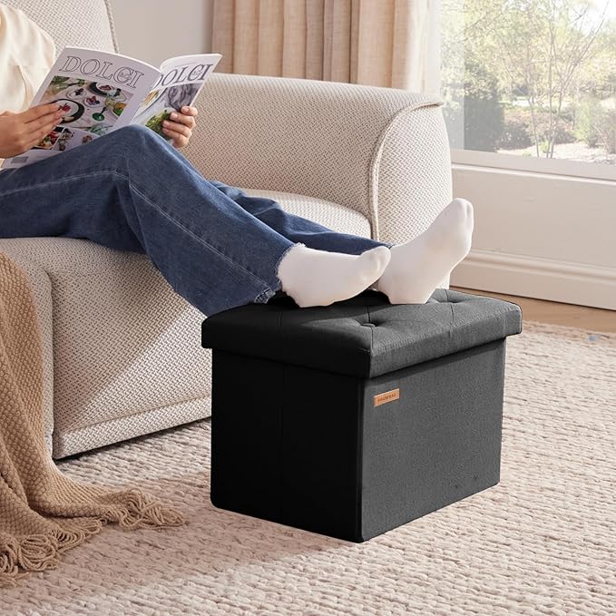 HAUSFRAU Storage Ottoman Foot Rest Stool, Small Folding Ottoman with Storage, Tufted Square Cube Footrest, Linen Black