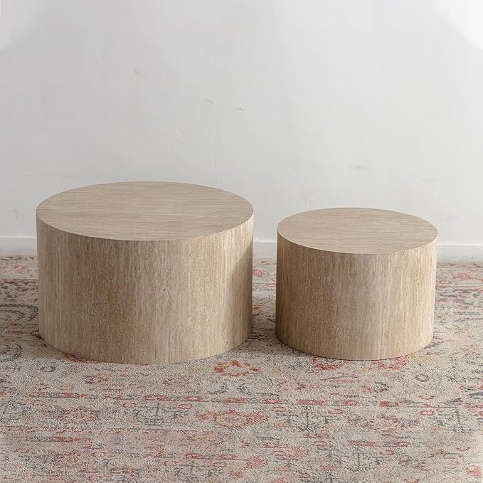 Round Nesting Coffee Tables Modern Travertine Coffee Table Small Round Coffee Tables Circular Side Table Accent End Table Nested Coffee Table Set for Living Room (Travertine Large)