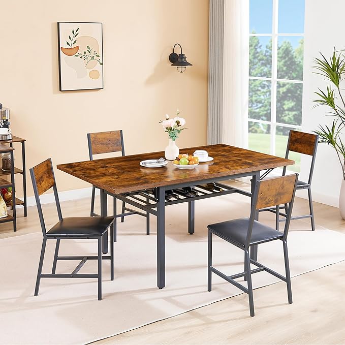 63.2" Folding Dining Table for 4-6 People, Drop Leaf Table with Storage Rack Extendable Kitchen Dinner Table for Small Spaces, Chairs Not Included (Brown)-NeatNest