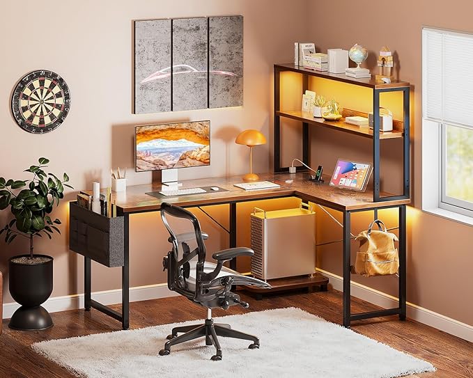 Casaottima Gaming Desk with Power Outlets & LED Lights, 43 Inch Reversible L Shaped Computer Desk with Shelves & Storage Bag, Corner Desk for Home Office, Vintage-NeatNest