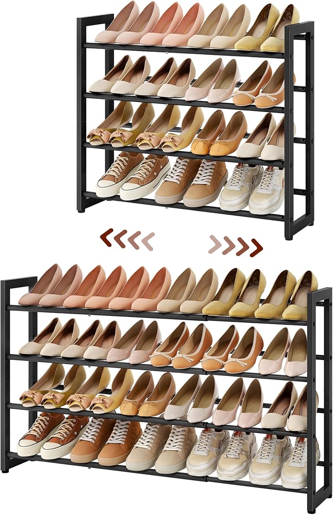FAVOOSTY 4-Tier Expandable Shoe Rack, Adjustable Shoe Shelf Storage Organizer Space Saving Metal Free Standing Shoe Rack for Entryway Closet Doorway, Black-NeatNest