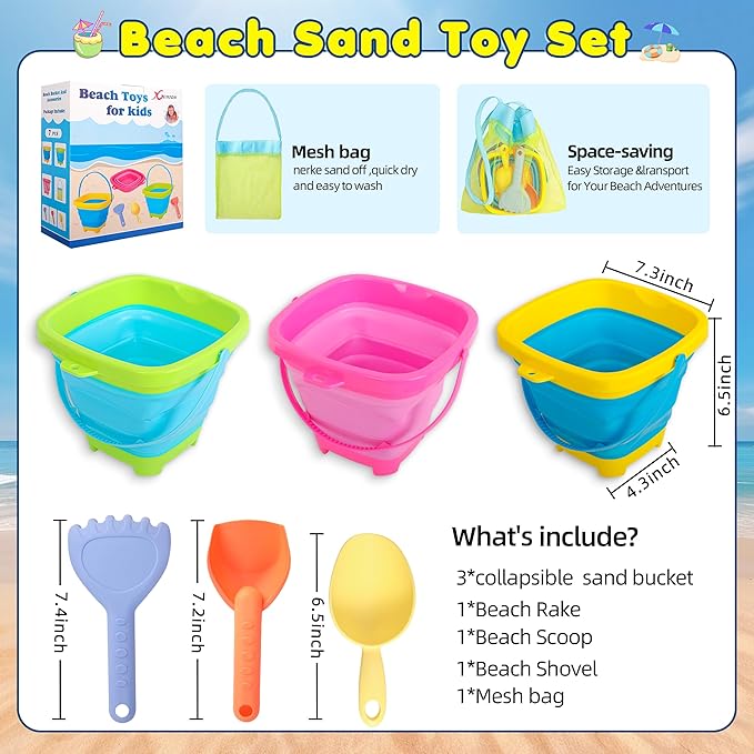 Collapsible Beach Sand Bucket 3 Packs Foldable Buckets Set with Shovels & Mesh Bag Collapsible Beach Toys for Kids Summer Sand Buckets for Kids Cruise Beach Essentials-NeatNest