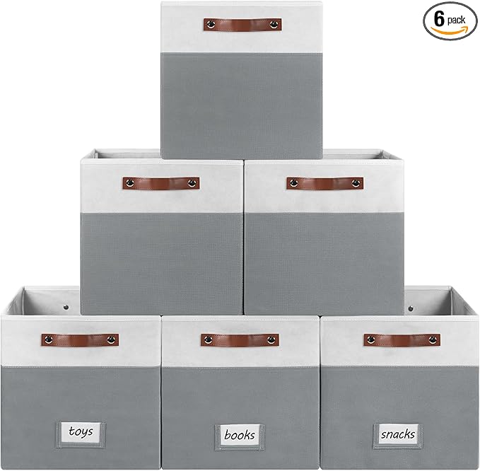 6-Pack Collapsible Fabric Storage Cubes with Handles & Label Holders, Closet Cube Home Organizer Bins (White/Dark Grey, 13 x 13 x 13 inch)