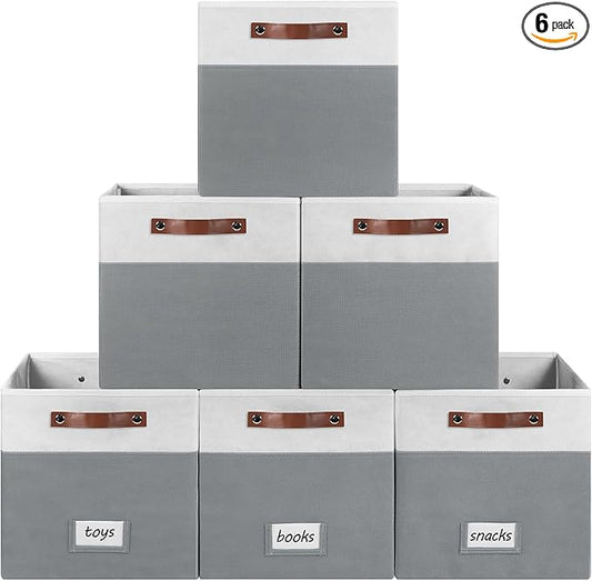 6-Pack Collapsible Fabric Storage Cubes with Handles & Label Holders, Closet Cube Home Organizer Bins (White/Dark Grey, 13 x 13 x 13 inch)