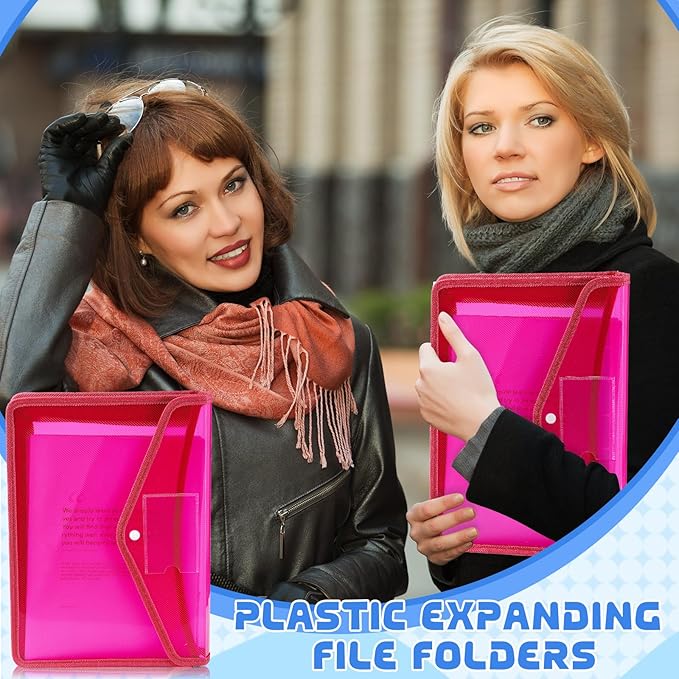 4 Pack A4 Expanding Plastic File Folders Waterproof Document Organizer with Snap Button Multiple Pockets, Office Home Office Storage (Rose Red)
