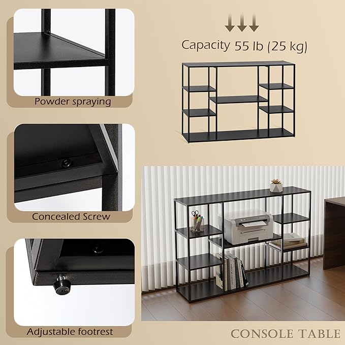 47 Inch Metal Console Table with 8 Storage Shelves,Extra Long Entryway Table,Narrow Sofa Table,Hallway Table for Entrances to Corridor,Foyer,Living Room (Black, 47.24×11.81×31.5in)-NeatNest