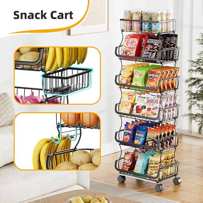 Simple Trending 6 Tier Rolling Cart, Stackable Fruit Vegetable Basket with Wheels and 2 Hanging Basket, Kitchen Storage Metal Wire Basket Stand for Vegetable Bread Snacks, Black