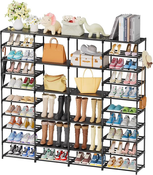 Shoe Rack Large Capacity 4 Rows 10 Tier for 60-64 Pairs, Space Saving Shoes Sturdy DIY Storage Organizer Shelf for Entryway, Garage, Closet, Bedroom, Black-NeatNest