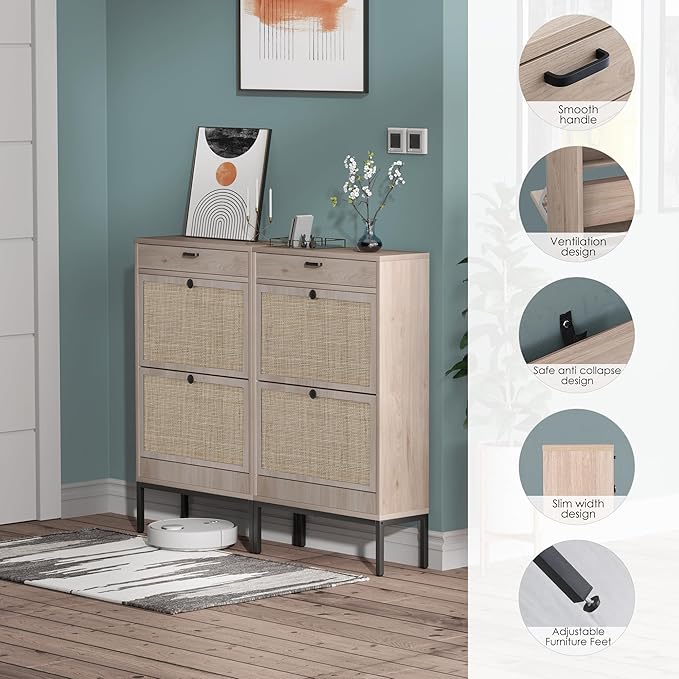 Brafab Shoe Storage Cabinet with Flip Drawers & Adjustable Shelves, Rectangular Rattan Doors - For Hallways and Entryways-NeatNest