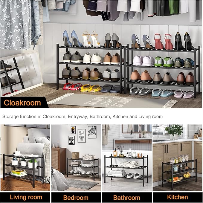 Shoe Rack, 3-Tier Bamboo Stackable Shoe Shelf Storage Organizer, Shoe Stand for Closet, Entryway and Hallway-NeatNest