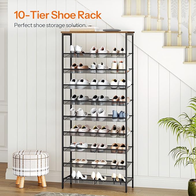 HOOBRO 10-Tier Shoe Rack, 29.5"L Shoe Shelf, Large Capacity Shoe Storage Organizer for 27+ Pairs of Shoes, Front Door Entrance, Entryway, Hallway, Closet, Space Saver, Rustic Brown and Black BF110XJ01-NeatNest