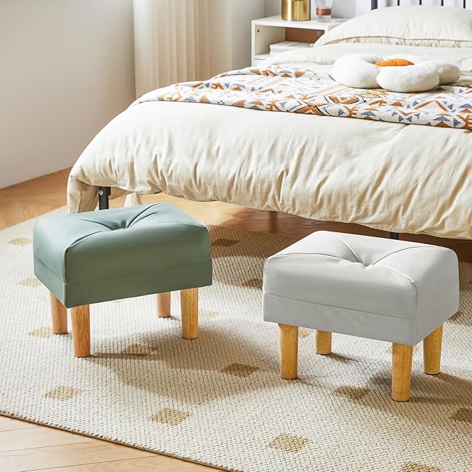 YMYNY Small Footstool Ottoman, Faux Leather Footrest with Sponge Padded Seat, Step Stool for Sofa, Bedroom, Living Room, Entryway, Modern Change Shoes Stool 15.75"D × 11.42"W×12.6"H Green UHBD040GR