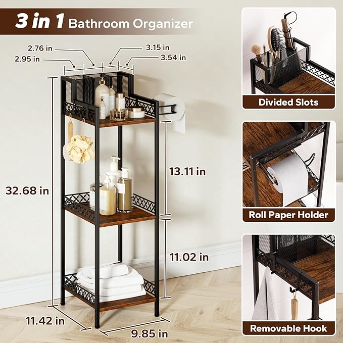 3-Tier Bathroom Shelf Organizer with Hair Dryer Holder and Toilet Paper Hook, 9.85" Slim Metal Stand for Small Spaces, Holds 50lbs - Freestanding Storage for Towels, Toiletries-NeatNest