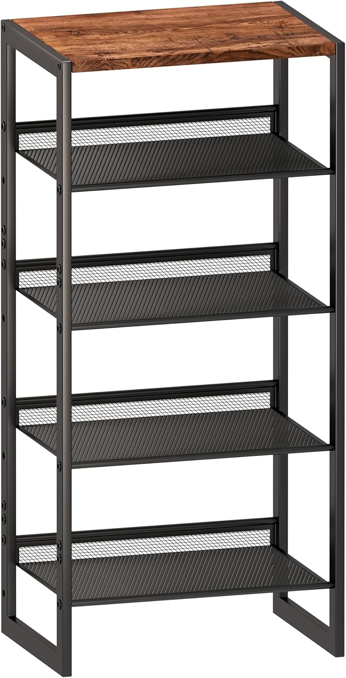Narrow 5-Tier Shoe Rack, Slim Space-Saving Shelf with Decorative Wood Top & Steel Mesh, Entryway/Closet/Dorm Organizer, 16.5x11.8x36 Inches-NeatNest