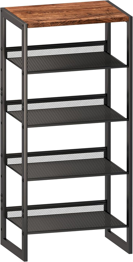 Narrow 5-Tier Shoe Rack, Slim Space-Saving Shelf with Decorative Wood Top & Steel Mesh, Entryway/Closet/Dorm Organizer, 16.5x11.8x36 Inches-NeatNest