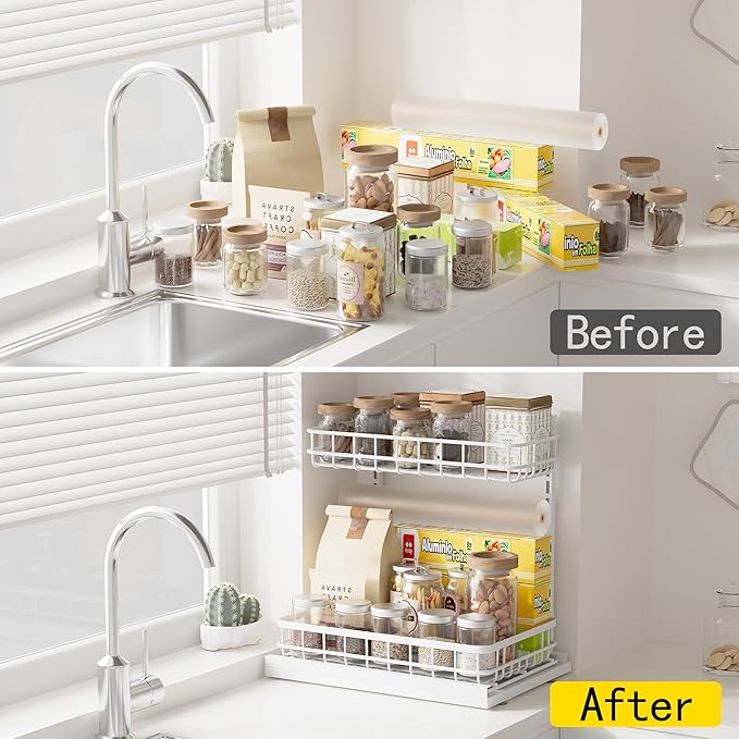 Under Sink Organizer, Adjustable Height Pull-Out Kitchen Storage Organization,15.8" x 11.8" x 16.5",2-Tier Kitchen Shelf,Bathroom Drawer Organizer, White-NeatNest