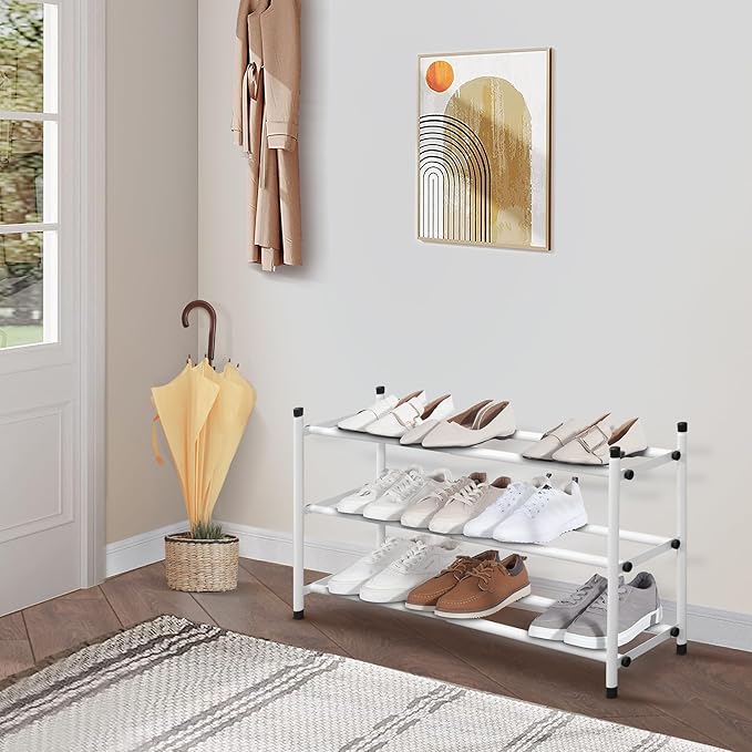 STORAGE MANIAC Expandable Shoe Rack, 12 Pairs Stackable Small Shoe Rack, Metal Adjustable Shoes Organizer for Closet, Entryway, Hallway, Garage, Front Door, Shoes Shelves, White 3 Tier-NeatNest