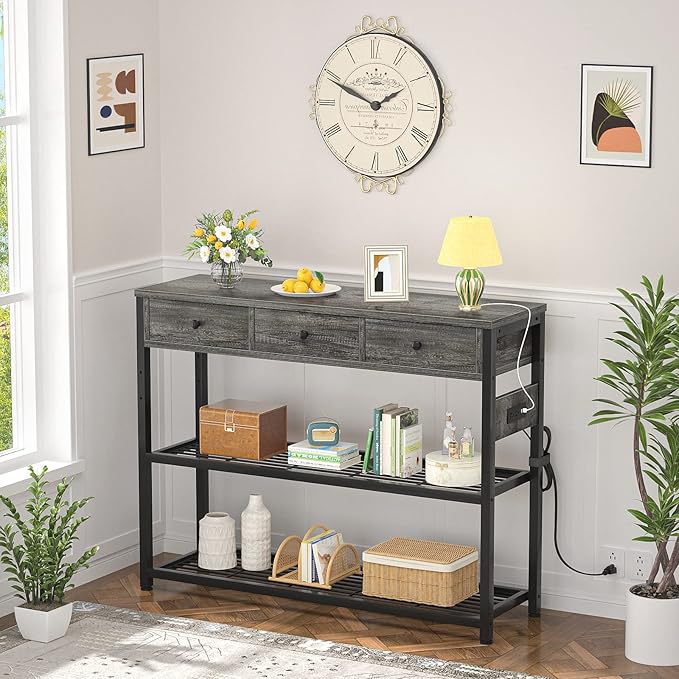 Ecoprsio 47'' Entryway Table with Outlets and USB Ports, Console Table with 3 Drawers, Sofa Table Narrow Long with Storage Shelves for Living Room, Couch, Hallway, Foyer, Kitchen Counter, Grey-NeatNest