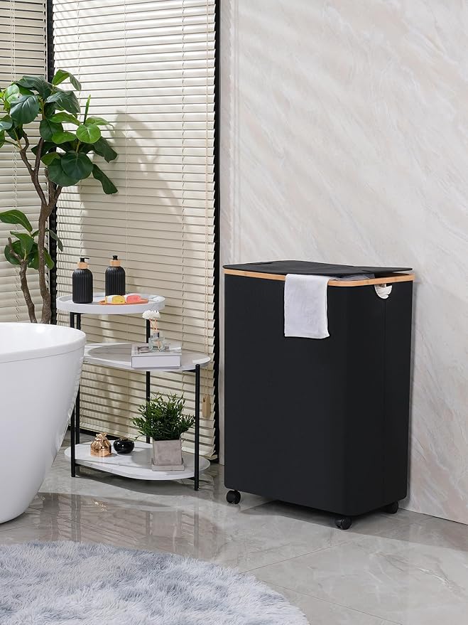 efluky Double Laundry Hamper with Wheels, Divided Laundry Hamper with Removable Bags, 2 Section Dirty Clothes Basket with Handles for Bathroom, Bedroom & Laundry Room, 160L Dark Black-NeatNest