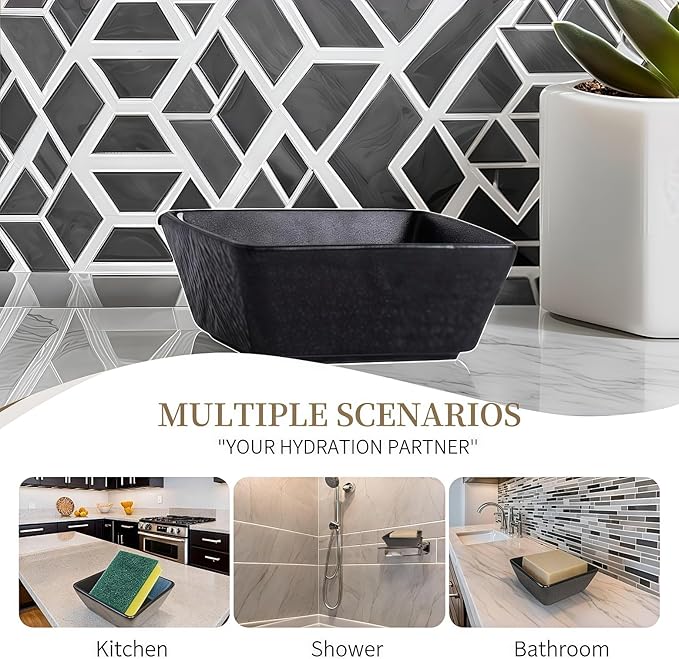 Ceramic Soap Dish, Vonpri Soap Holder Tray, Non-Slip Square Soapbox Container for Handmade Bar Bathroom Sink, Countertop, Shower Stone Texture (Black)-NeatNest