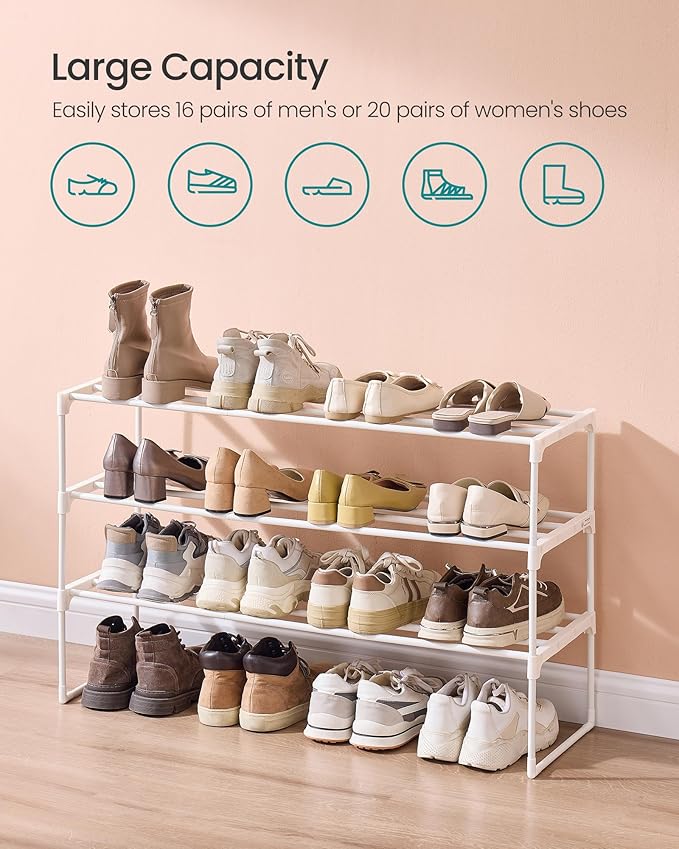 SONGMICS Shoe Rack, 3-Tier Shoe Organizer, Metal Storage Shelf, Upright or Upside Down, for 16-20 Pairs, Stackable, for Entryway, 11.8 x 36.2 x 21.7 Inches, Pearl White ULSA303W03-NeatNest