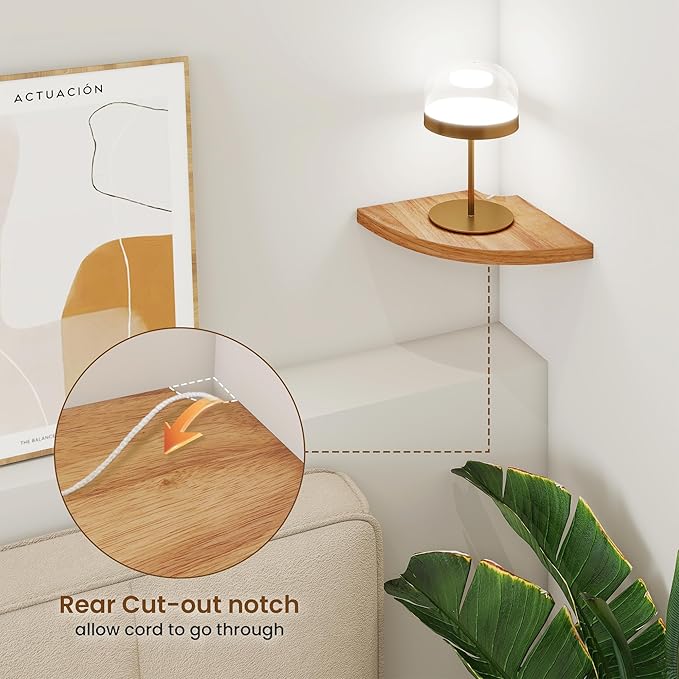 Fun Memories Corner Shelf Wall Mount, Solid Oak Wood Floating Corner Shelves with Cable Hole, 7in Rustic Design for Bedroom, Bathroom, Kitchen, Living Room (Natural, 1 Pack)-NeatNest