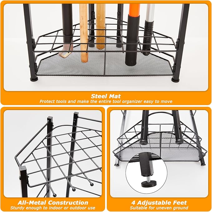 Garden Tool Organizer for Corner, Holds 35 Long-Handled Tools/Rakes/Brooms/Shovles for Garage Organization and Storage, Shed, Outdoor, Lawn, Heavy-Duty Steel, Black, Easy Assembly (Triangle Organizer)