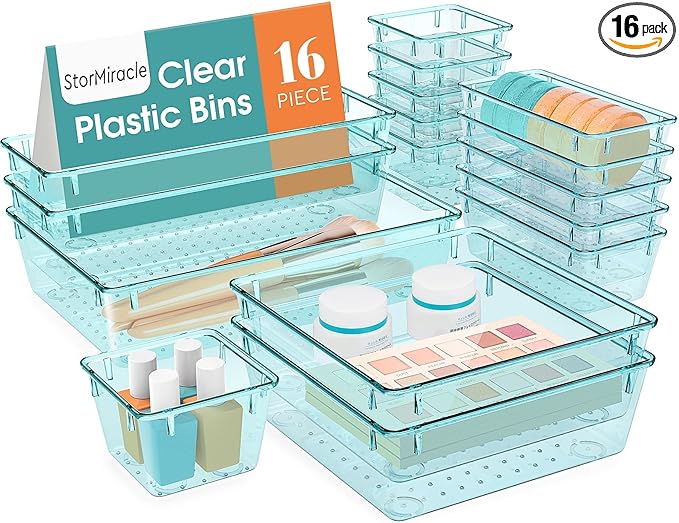16 PCS Drawer Organizer Set, 5 Varied Size Bathroom and kitchen Drawer cabinet organizer Trays, Clear Storage Bins for Makeup, Jewelry, Utensils and Gadgets-NeatNest