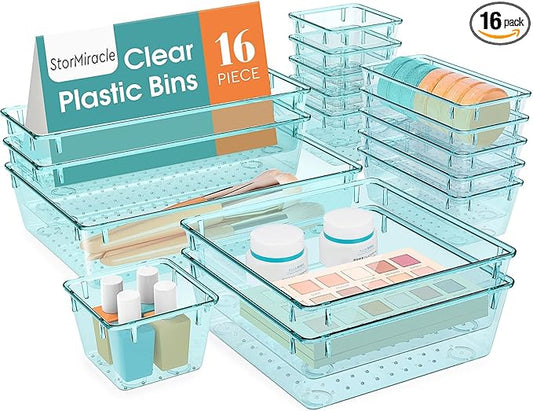 16 PCS Drawer Organizer Set, 5 Varied Size Bathroom and kitchen Drawer cabinet organizer Trays, Clear Storage Bins for Makeup, Jewelry, Utensils and Gadgets-NeatNest